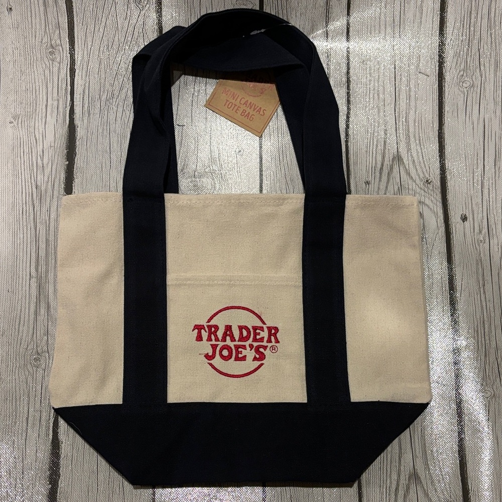 Trader Joe's Canvas Tote Bag - navy and Cream new with tags embroidered